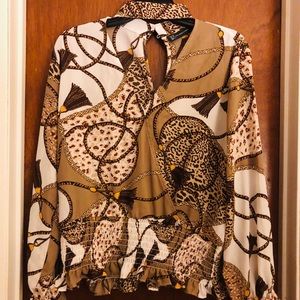 Animal Print Key Mock Neck Blouse